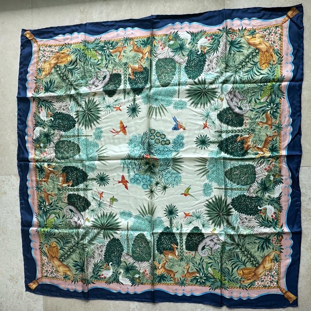 Museum of Fine Arts Boston 100% Silk Jungle Print Square Scarf - Green & Navy